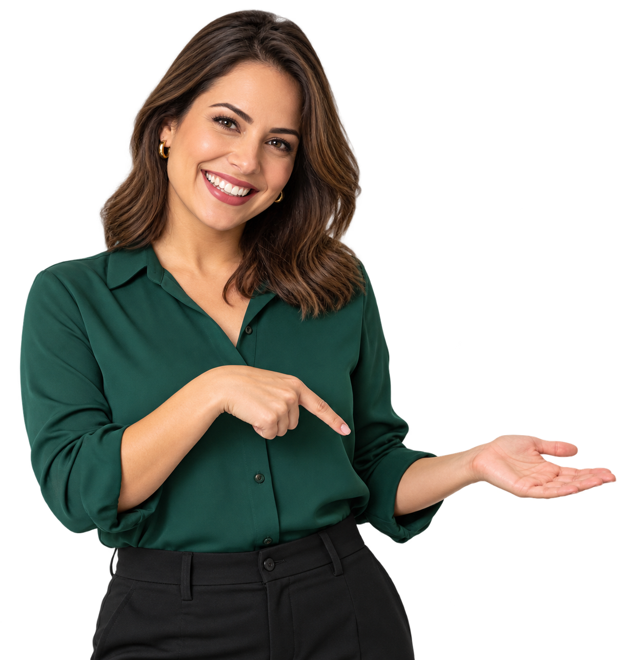 Apresentadora sorrindo e apontando para o selo de 2 dias grátis.