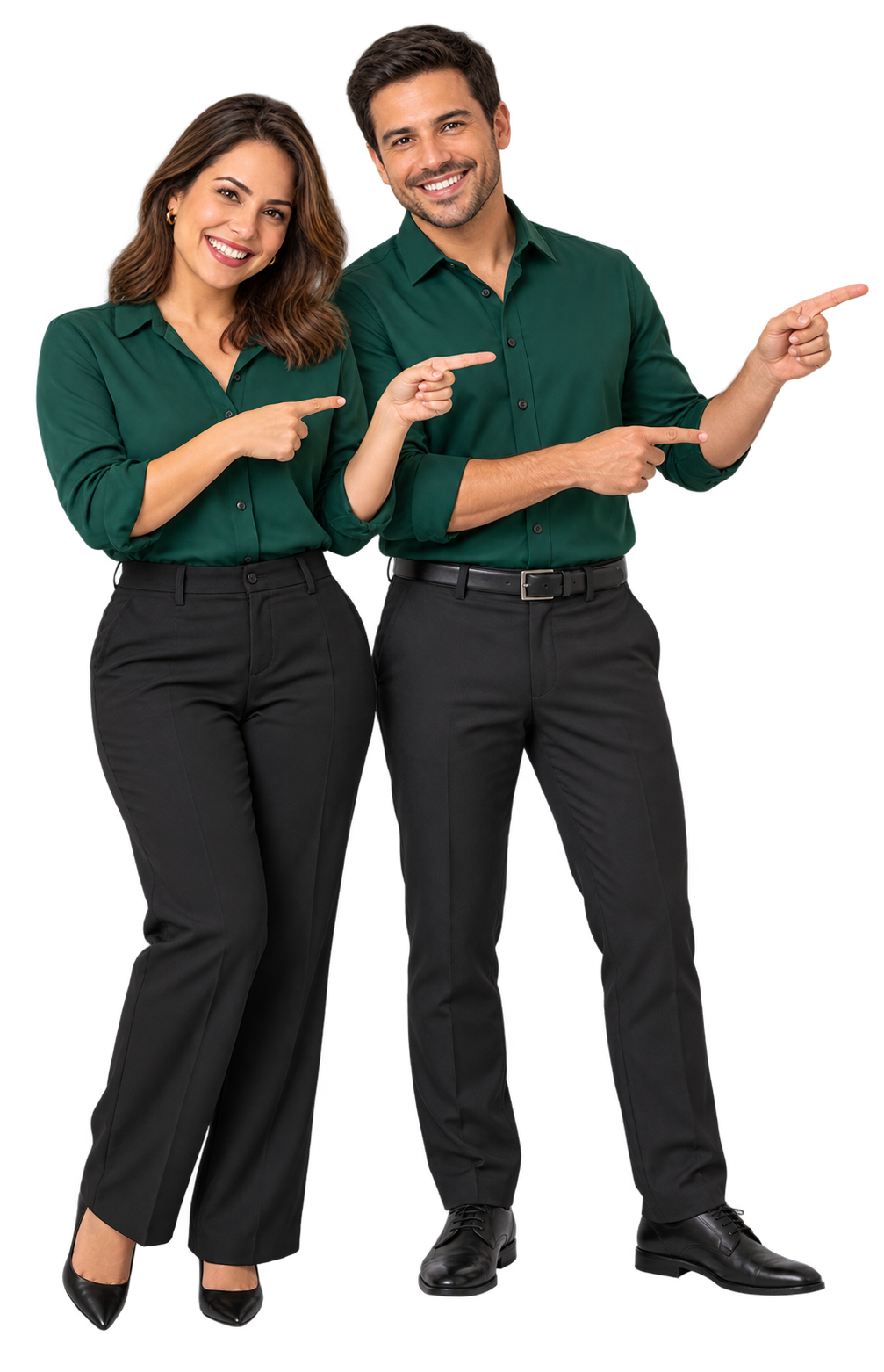 Os apresentadores do Pedido Fácil, com camisas verdes, apontam para as perguntas frequentes ao lado.